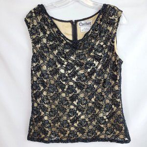 Cache Size 10 Top Black Beaded Lace Lined Dressy Cocktail Party
